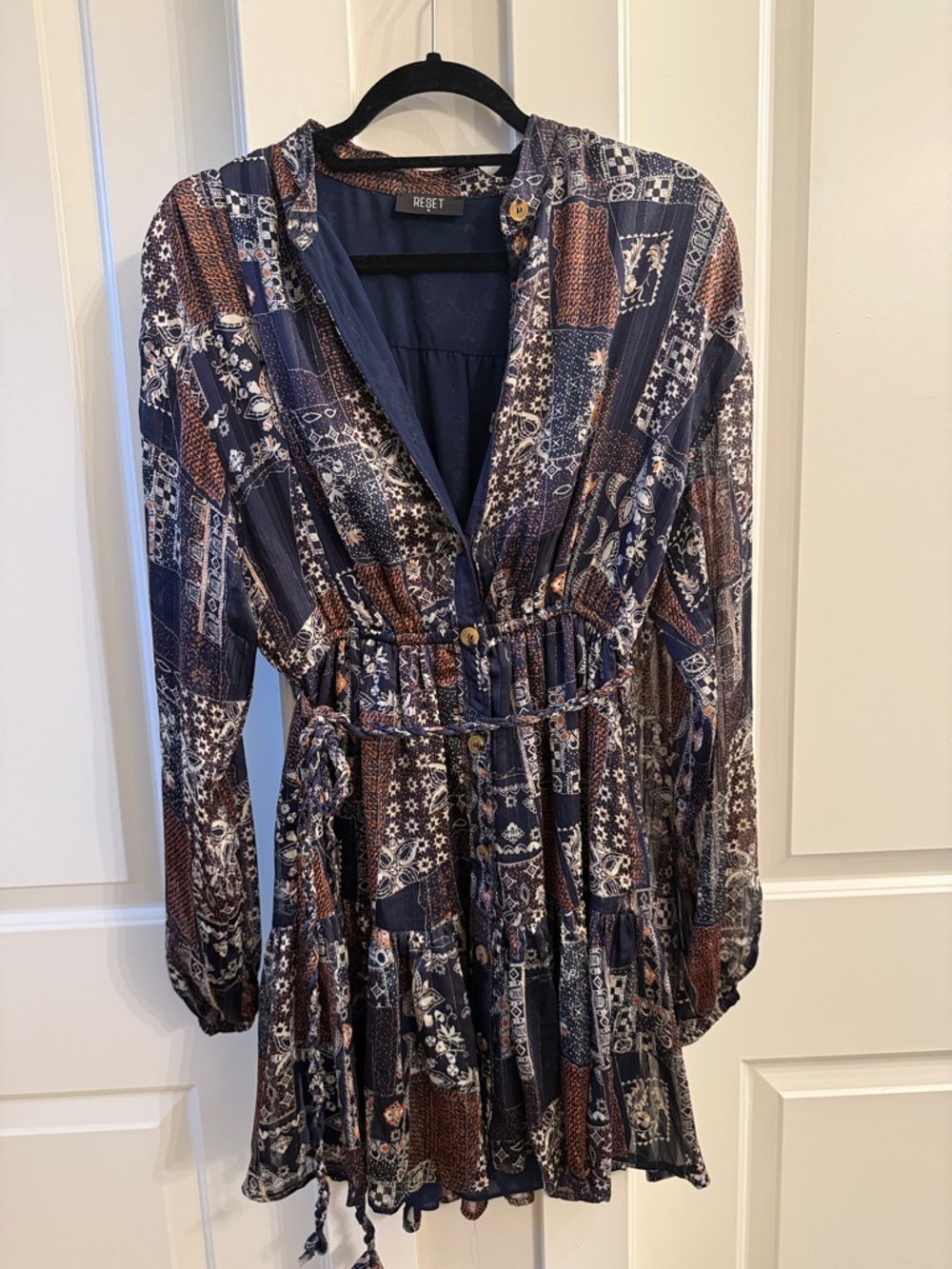 Navy Patchwork Print Long Sleeve Belted mini Dress
